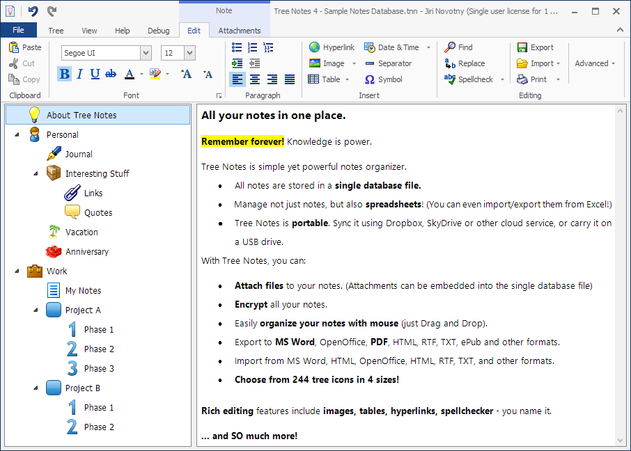 treedbnotes insert tables