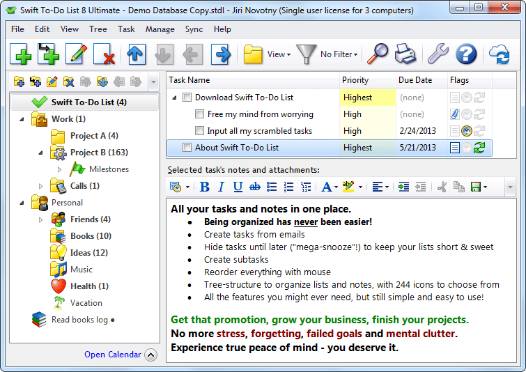 Number one to-do list software for Windows with hierarchical to-do list tree.