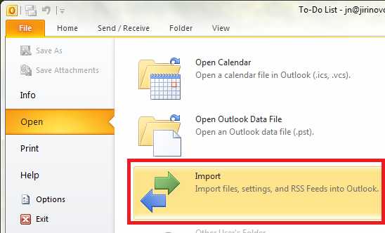 Outlook 2010 Import Step 1
